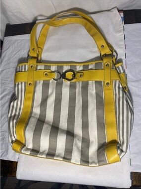 Gray & White Striped Canvas Tote Bag W/ Yellow Faux Leather Trim